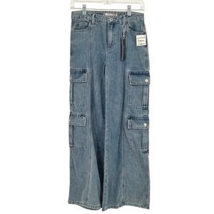 Tractr NEW Women's Size 16 Light Indigo Wide Leg High Rise Cargo Jeans Baggy